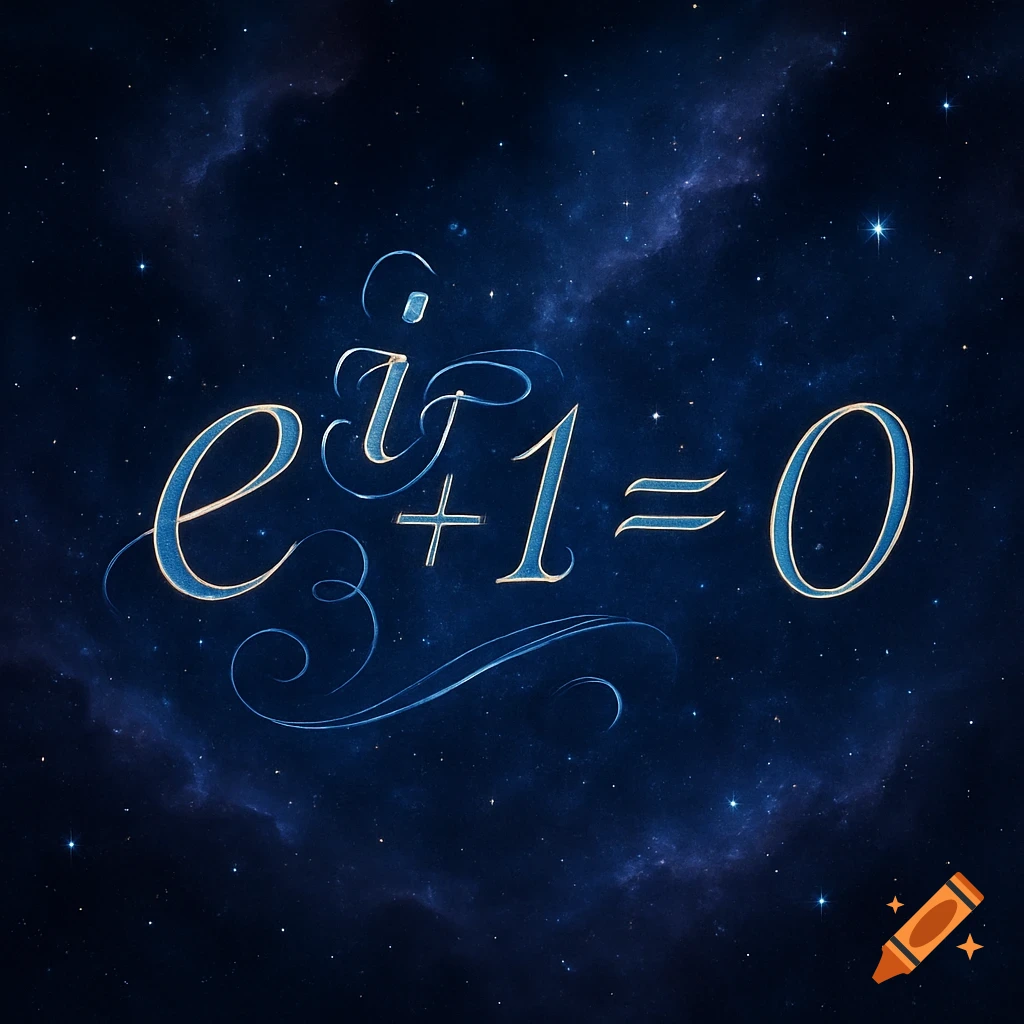 Euler's identity e^iπ + 1 = 0 rendered in elegant calligraphy against a starry deep blue galaxy background.
