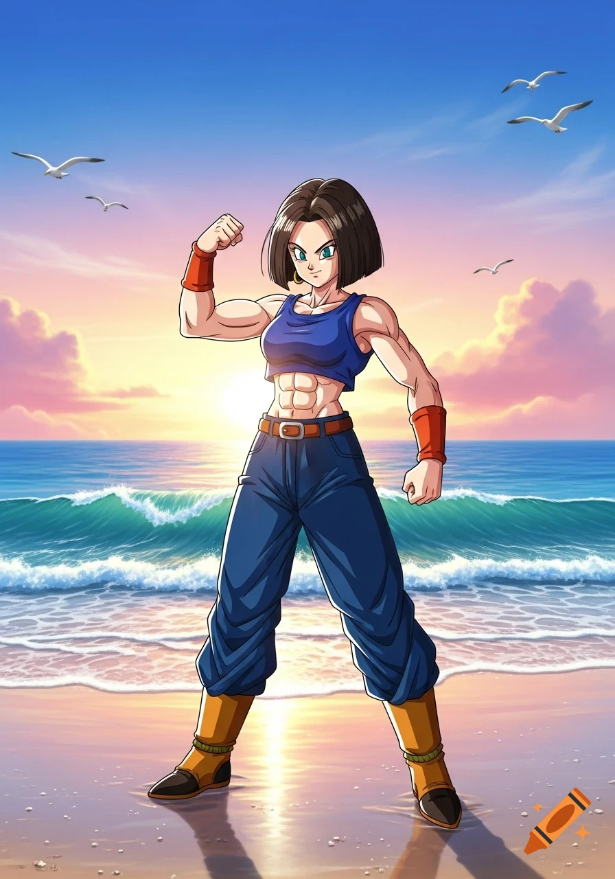 An anime woman with short dark hair, muscular build, and abs, wearing a blue crop top and jeans, flexes her bicep on a sunny beach at sunset.