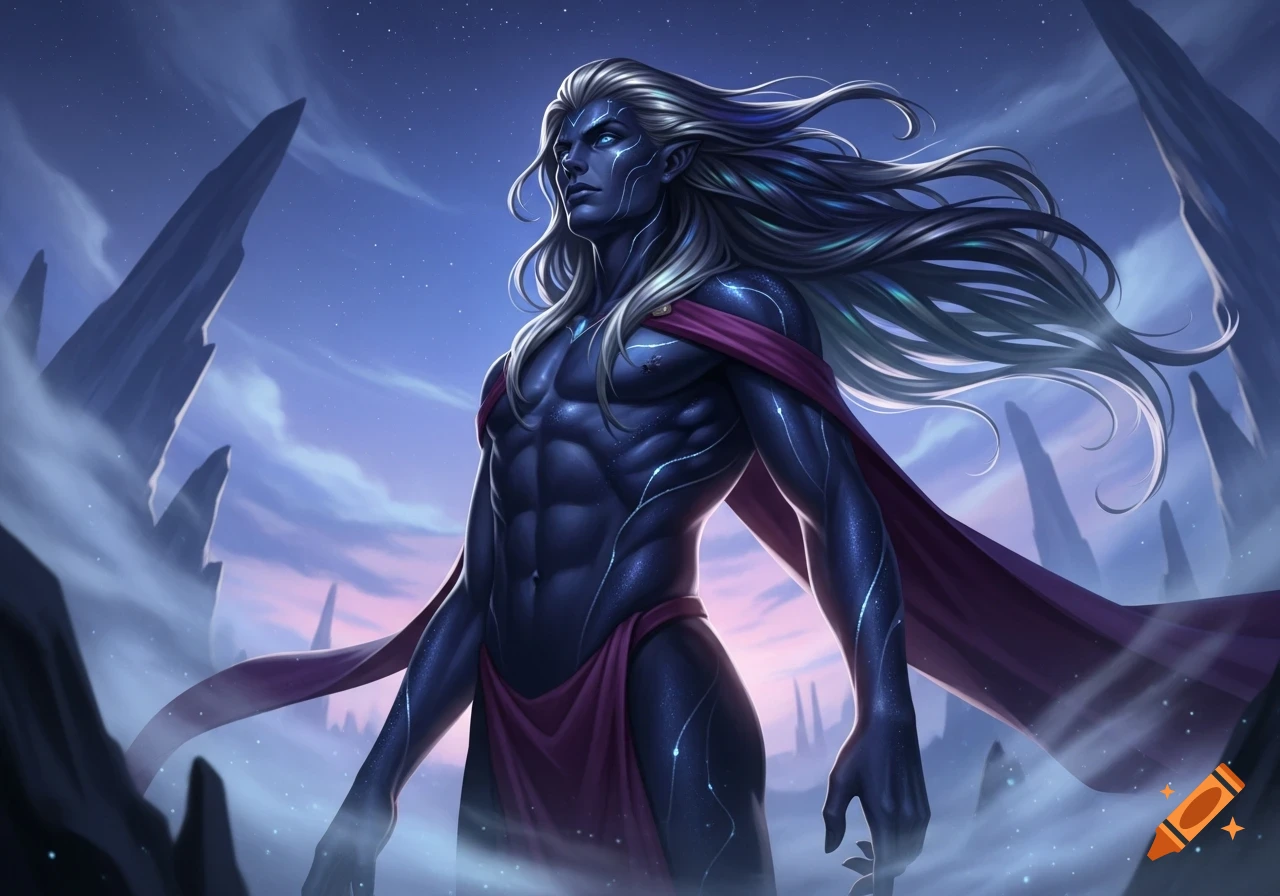 A handsome male humanoid alien with long silver hair, dark blue skin with glowing patterns, a red cape, stands among rock formations under a twilight sky.