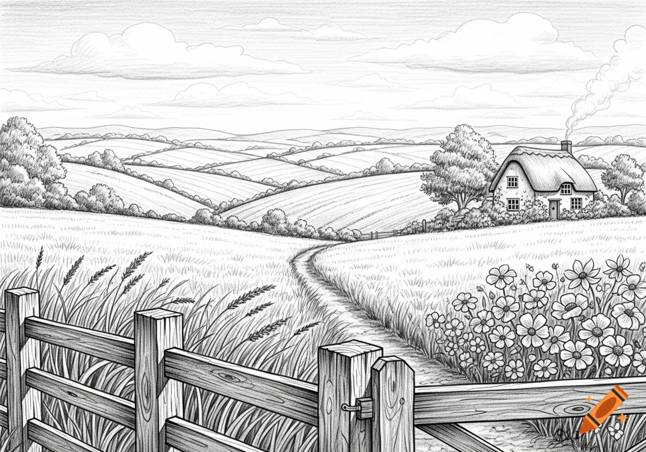 A detailed pencil drawing of a rural landscape with a path leading to a thatched cottage, bordered by a wooden fence and wildflowers.
