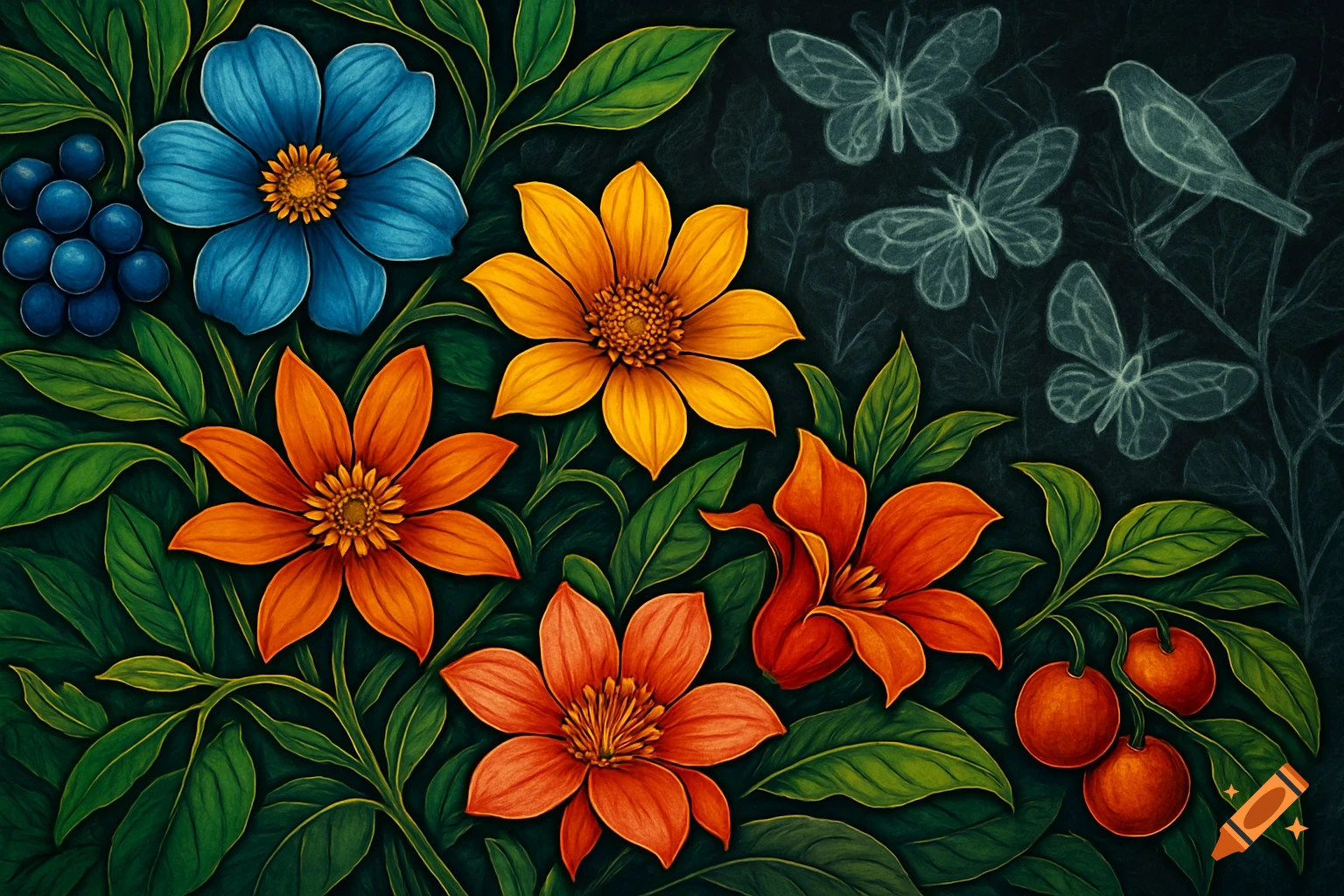Vibrant botanical illustration of colorful flowers, green foliage, berries, and fruits on a dark background with faint outlines of butterflies and a bird.