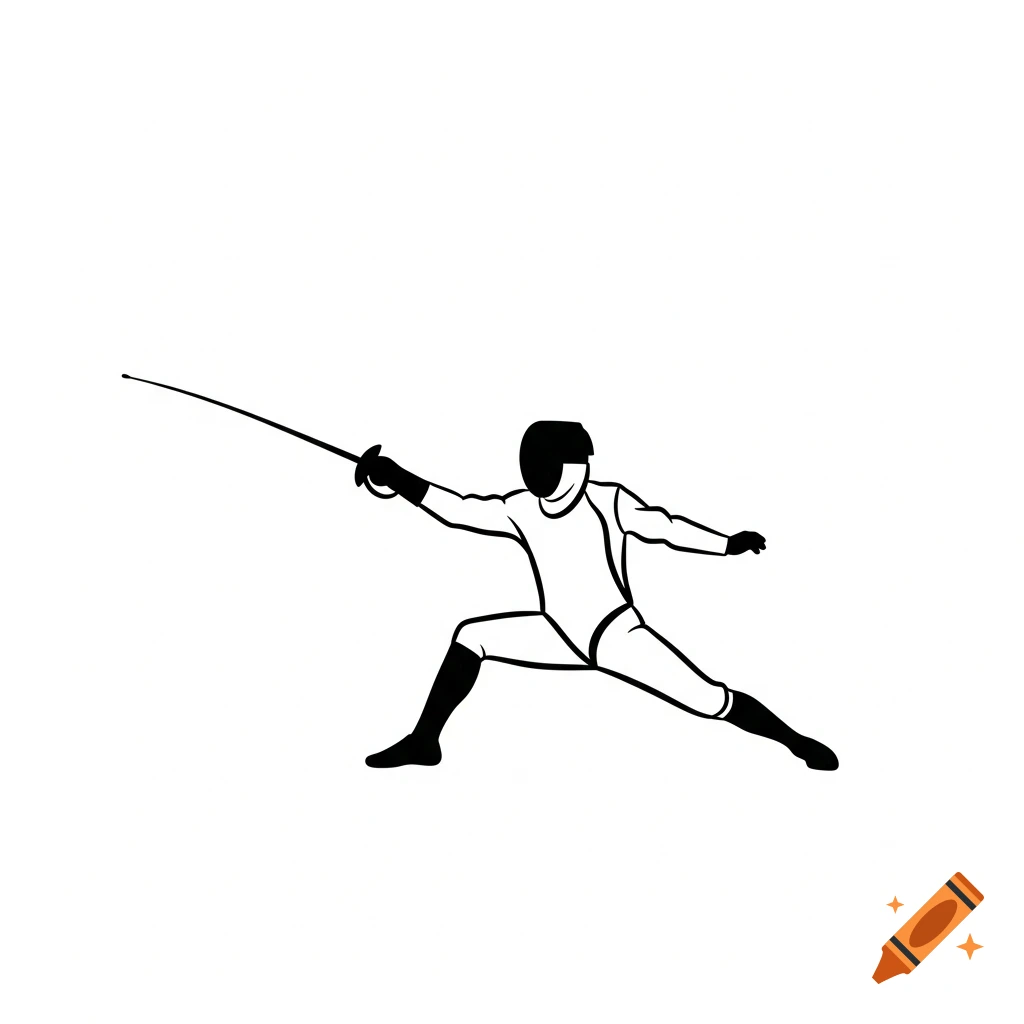 Black and white pictogram of a fencer in a lunge position, holding a rapier.