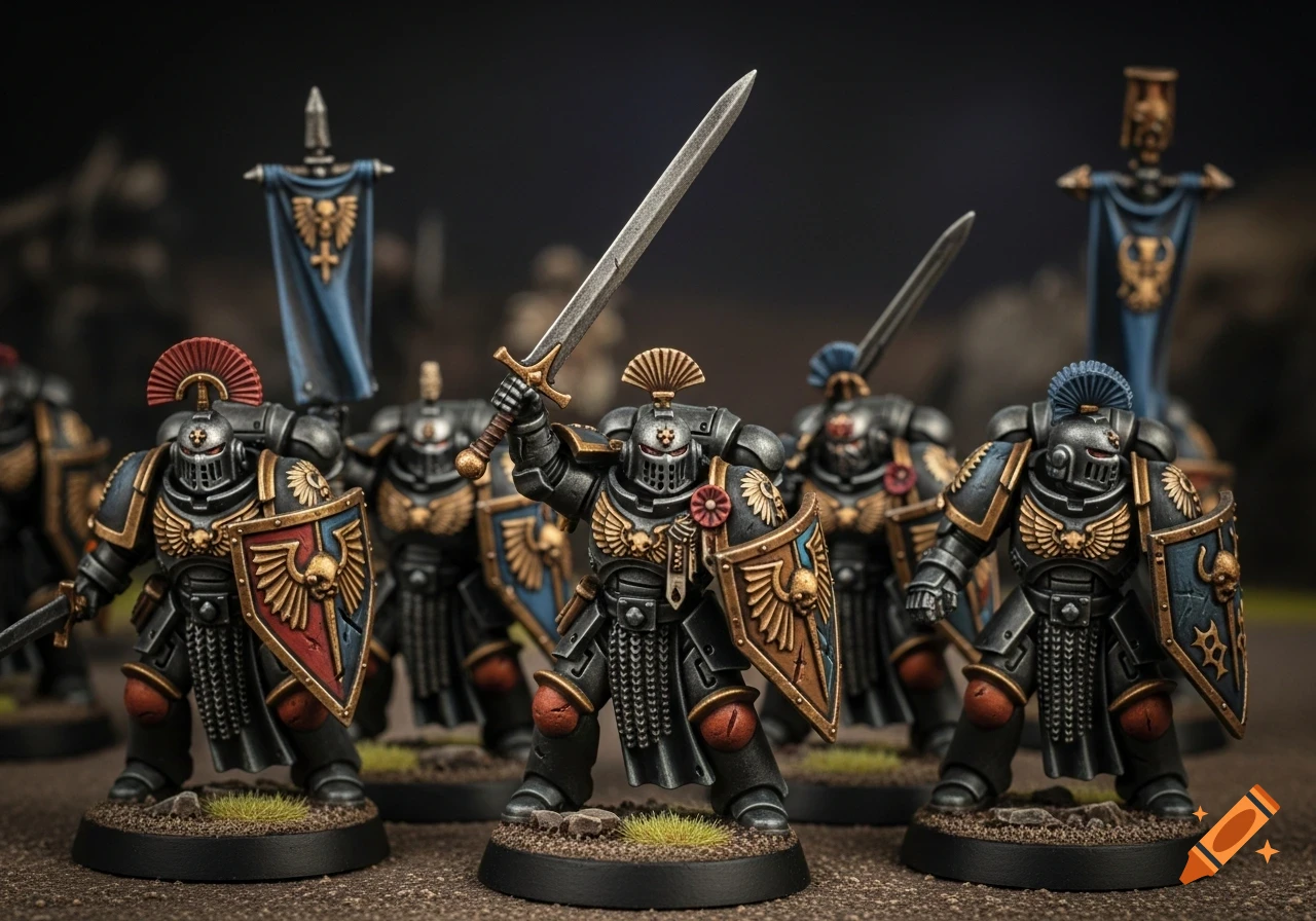 Highly detailed photograph of painted wargaming miniatures depicting armored fantasy warriors with swords and shields.