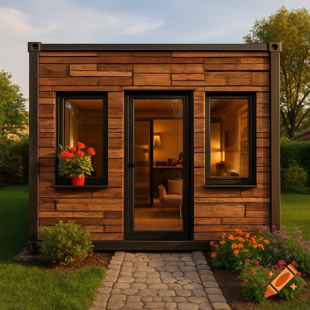 Front view of a modern wood-paneled tiny house with a glass door, two windows, and potted red flowers, surrounded by a green lawn and garden.