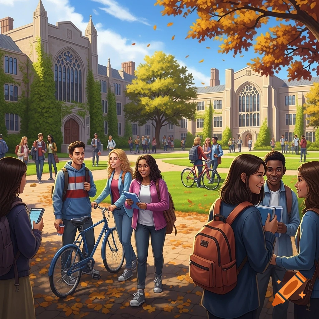 Students gather on a vibrant college campus in autumn, with historic buildings and falling leaves under a clear sky.
