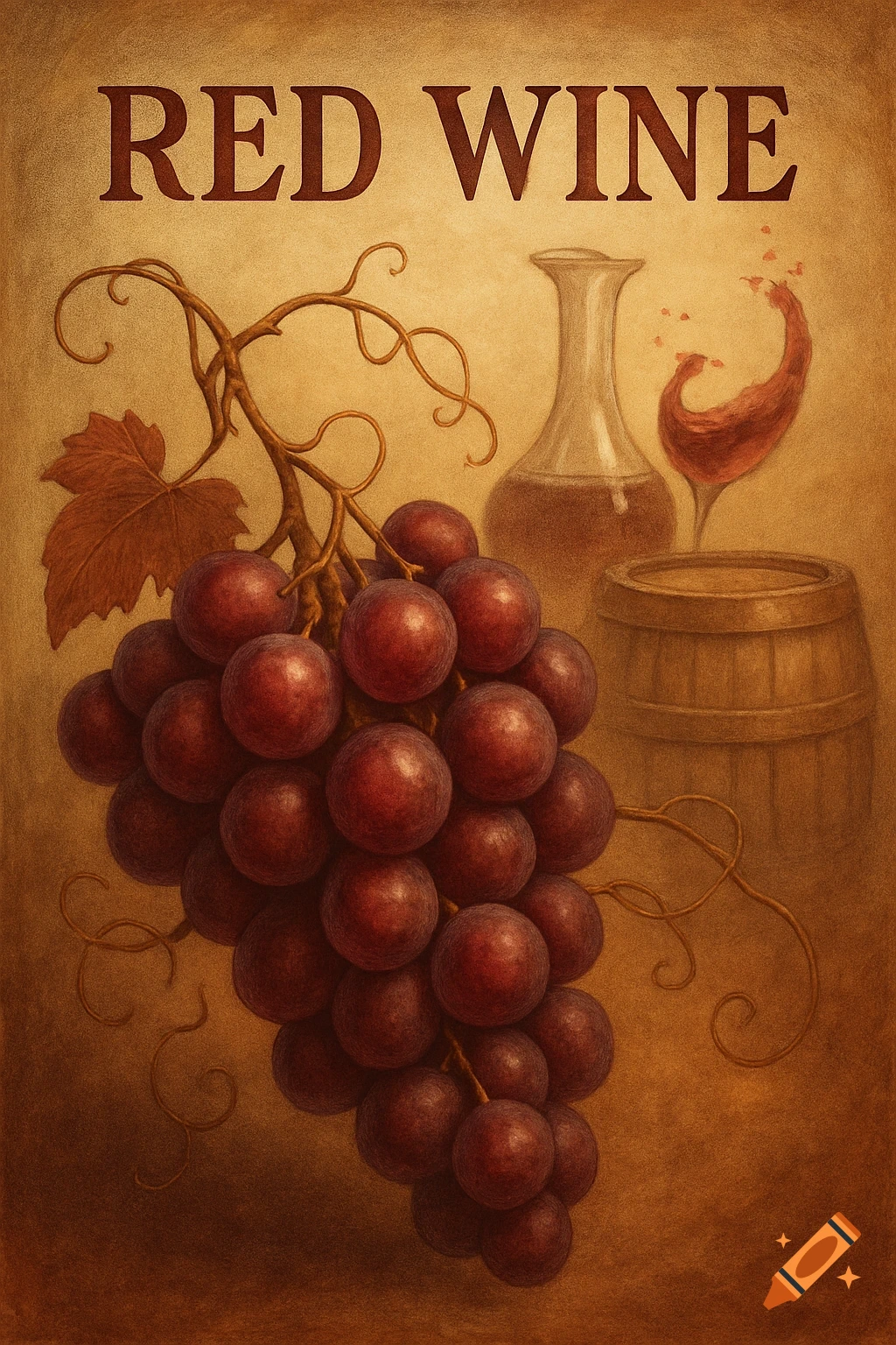 A rustic illustration of a bunch of red grapes hanging from a vine, with a decanter, a glass of splashing red wine, and a wooden barrel in the background. The text "RED WINE" is at the top.