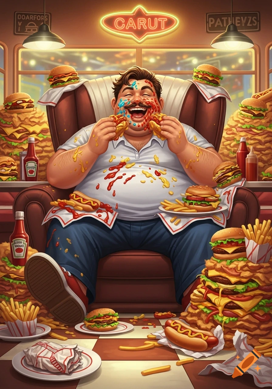A stylized illustration of an overweight man joyfully covered in ketchup and mustard while eating burgers and hot dogs in a diner, surrounded by massive piles of fast food.