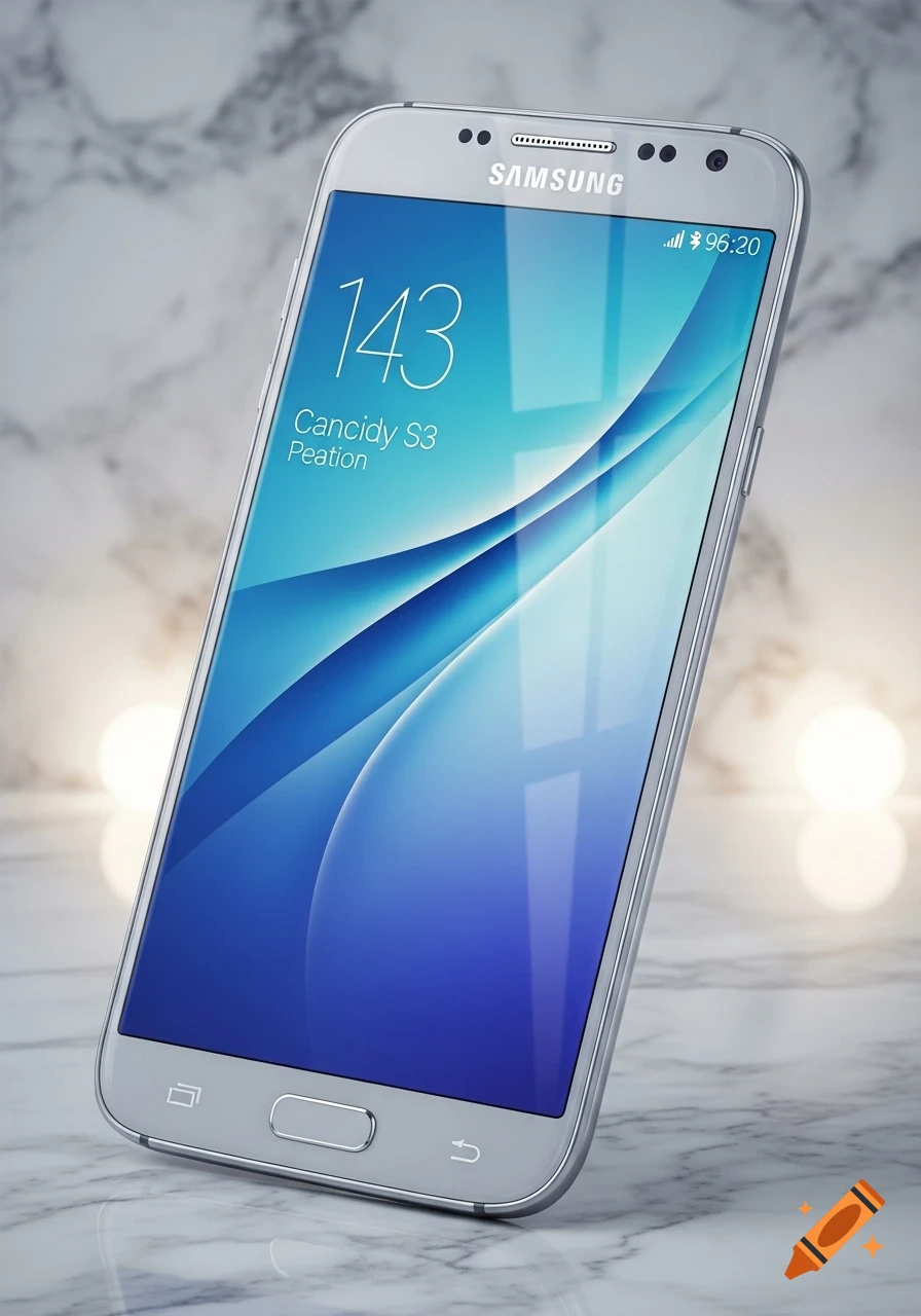 A silver Samsung smartphone with a blue and white abstract wallpaper displaying "143" and "Cancidy S3 Peation" on its screen, set against a blurred marble background with bokeh lights.
