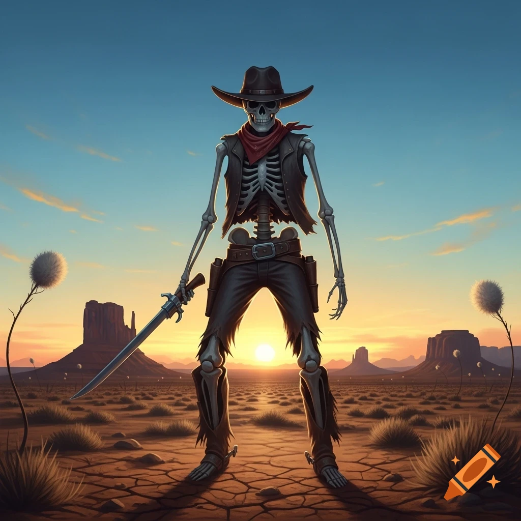 A skeleton cowboy in a hat and vest stands in a desert landscape with mesas at sunset, holding a sword.