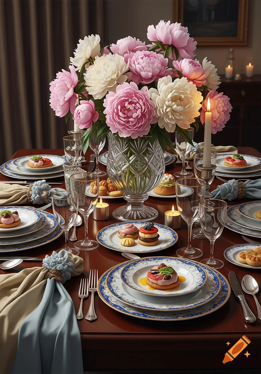 An elegant dinner table set with pink and white peony flowers in a crystal vase, multiple place settings with blue-patterned plates, candles, and small desserts.