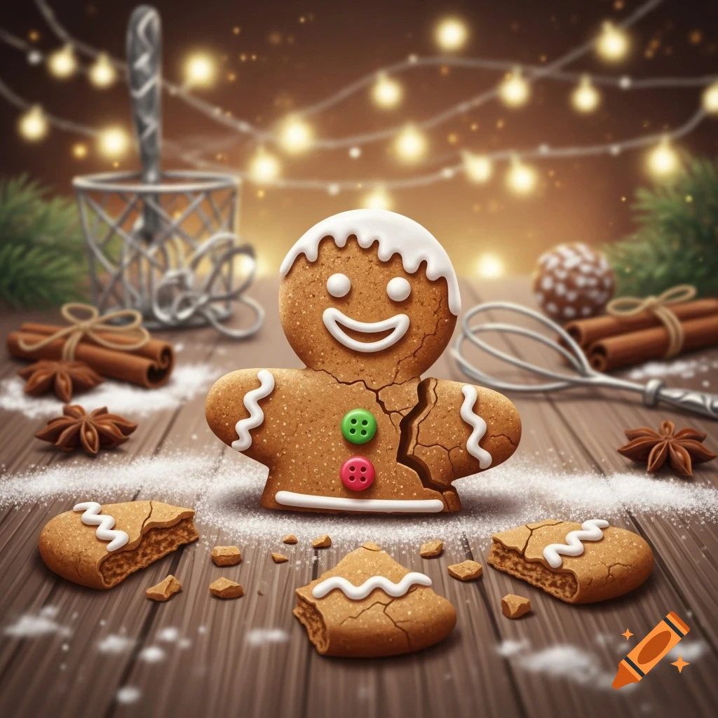 A broken gingerbread man cookie with white icing and colorful buttons on a wooden table with powdered sugar, cinnamon, and string lights.
