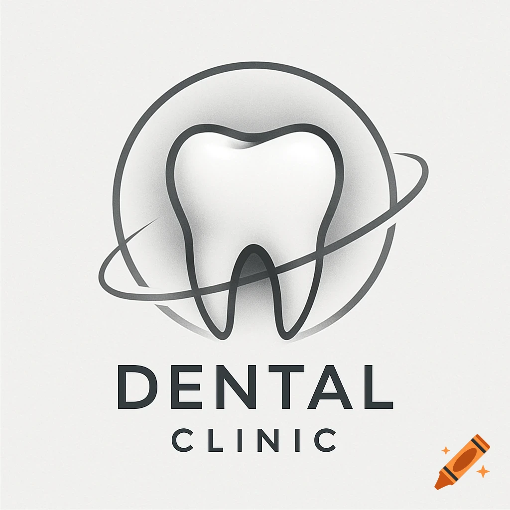 A modern grayscale dental clinic logo featuring a tooth encircled by abstract lines above the words "DENTAL CLINIC".