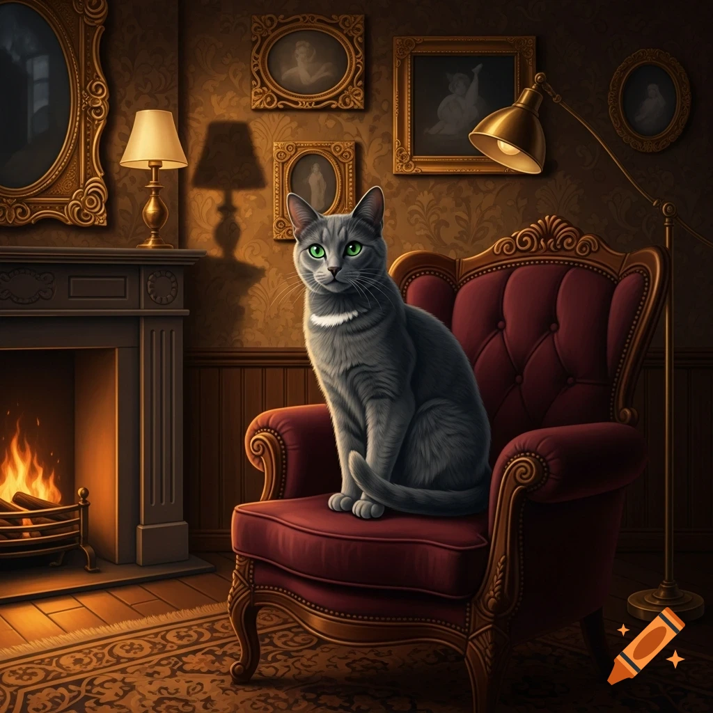 A photorealistic gray cat with green eyes sits on a red velvet armchair in an ornate room with a lit fireplace and framed paintings.