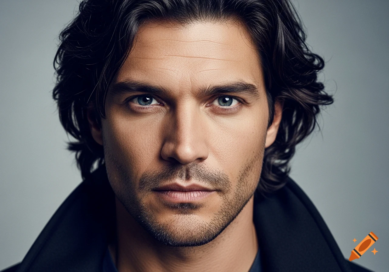 Close-up photorealistic portrait of a serious man with dark, medium-length hair and deep blue eyes.