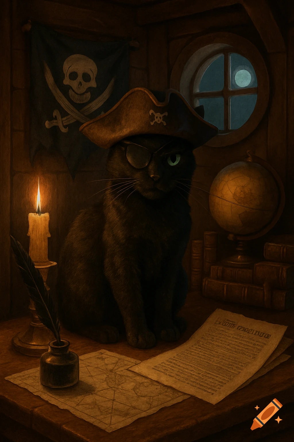 A black cat wearing a pirate hat and eye patch sits at a wooden desk with a map and legal document, lit by a candle, in a dark pirate ship cabin.