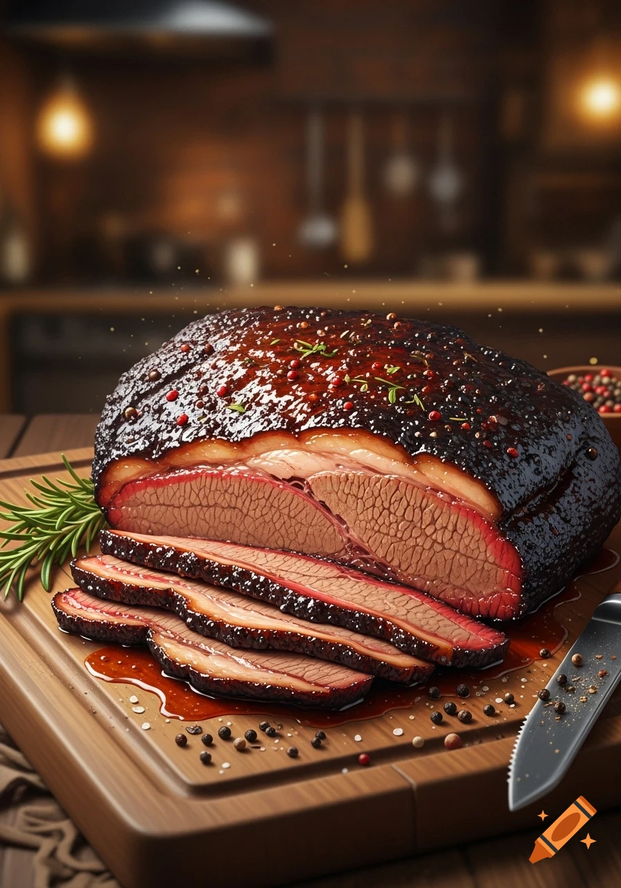 A glistening, partially sliced smoked brisket with rosemary and peppercorns on a wooden cutting board in a kitchen.