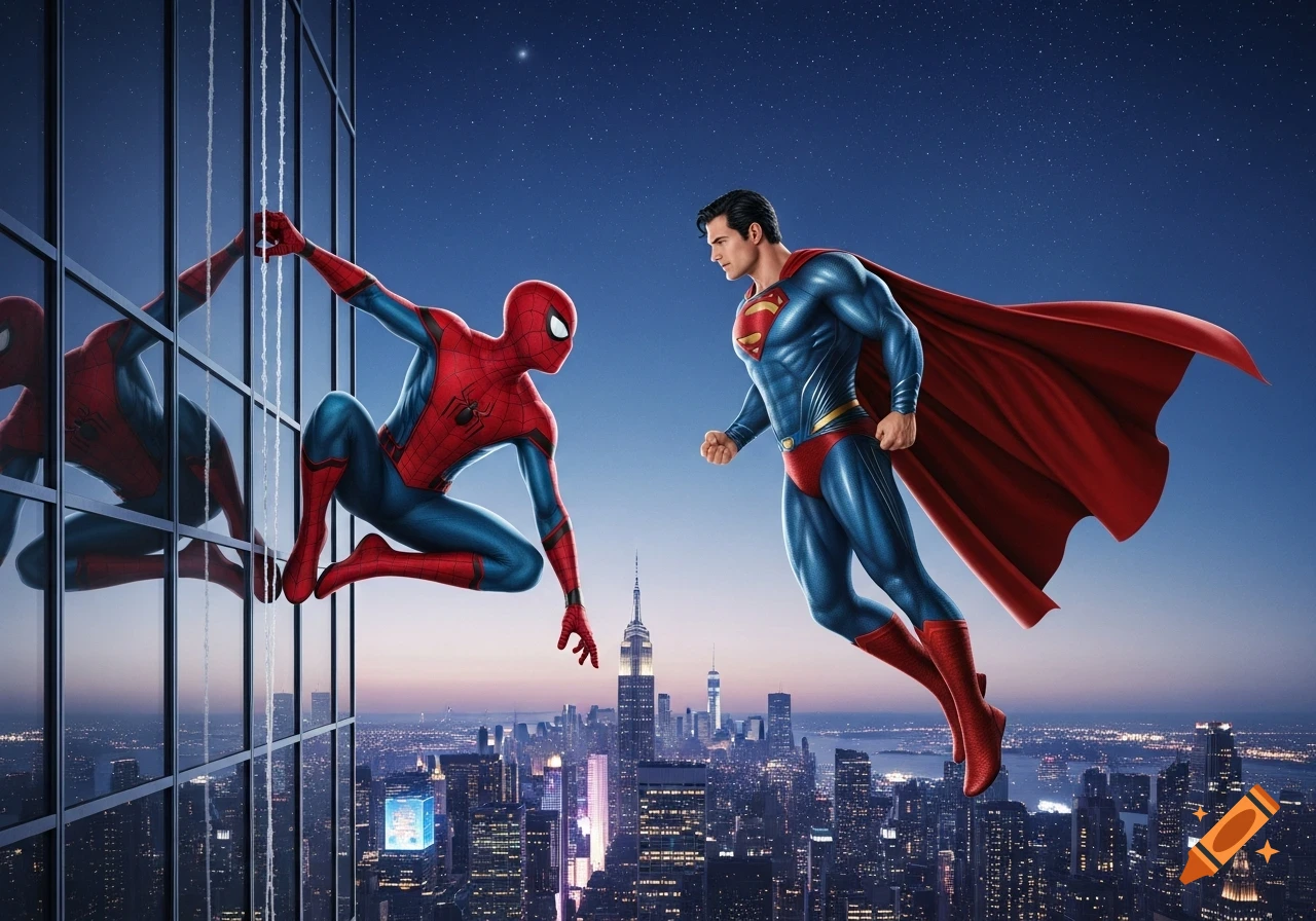 Spider-Man clings to a skyscraper while Superman flies toward him above a city skyline at dusk in a detailed, photorealistic style.