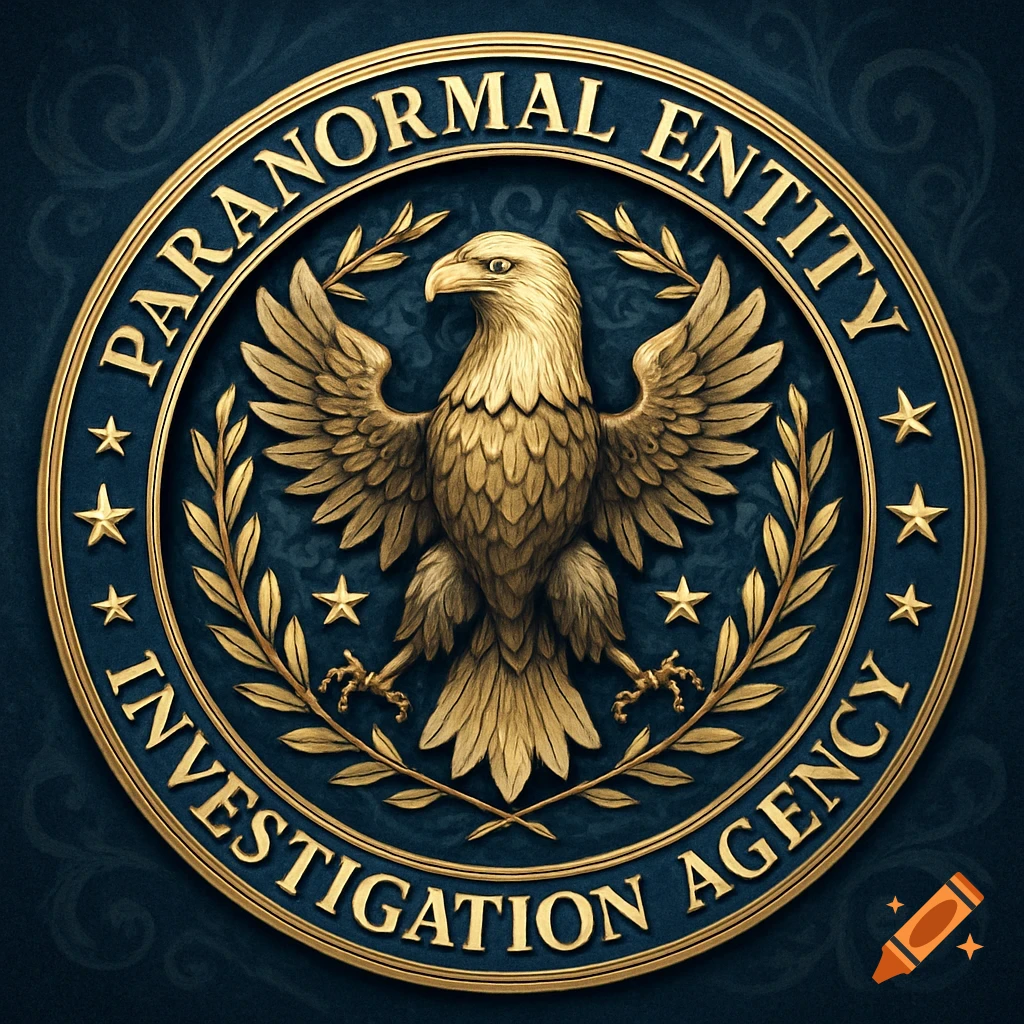 A detailed gold and blue seal for the Paranormal Entity Investigation Agency, featuring a bald eagle and laurel leaves.