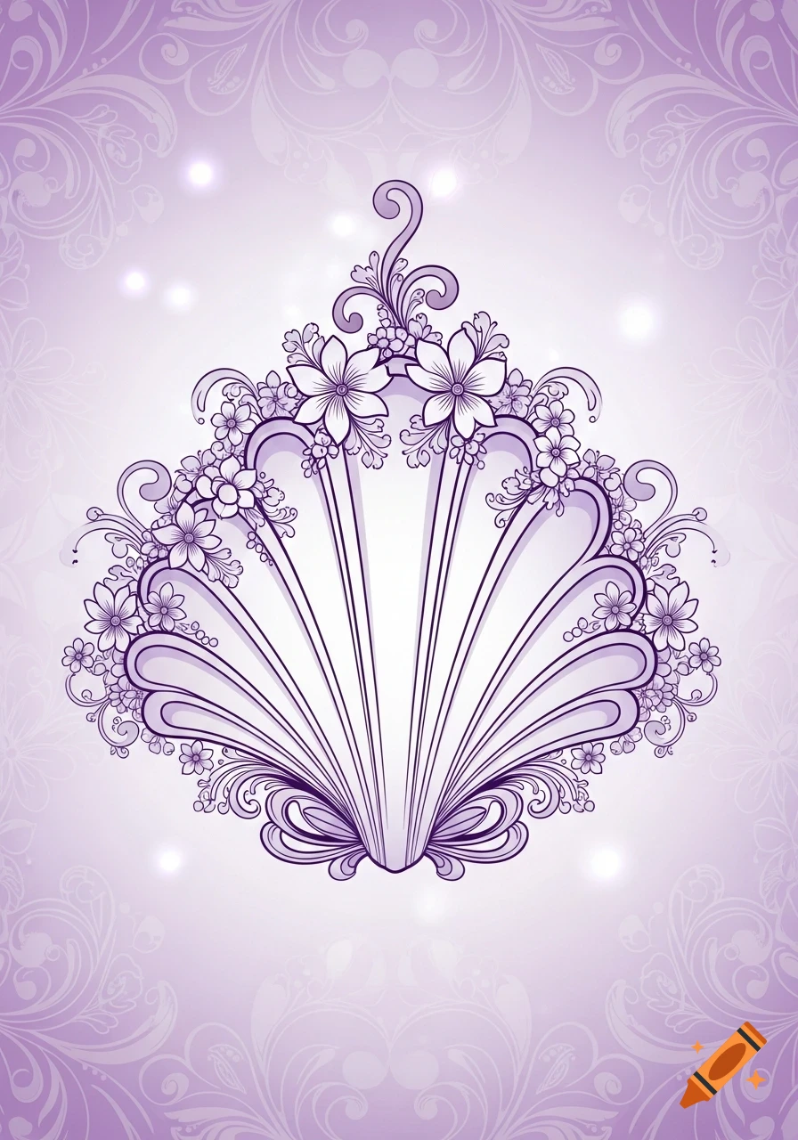 An elegant purple ornamental shell-like motif with flowers and swirls on a light purple background with glowing accents.