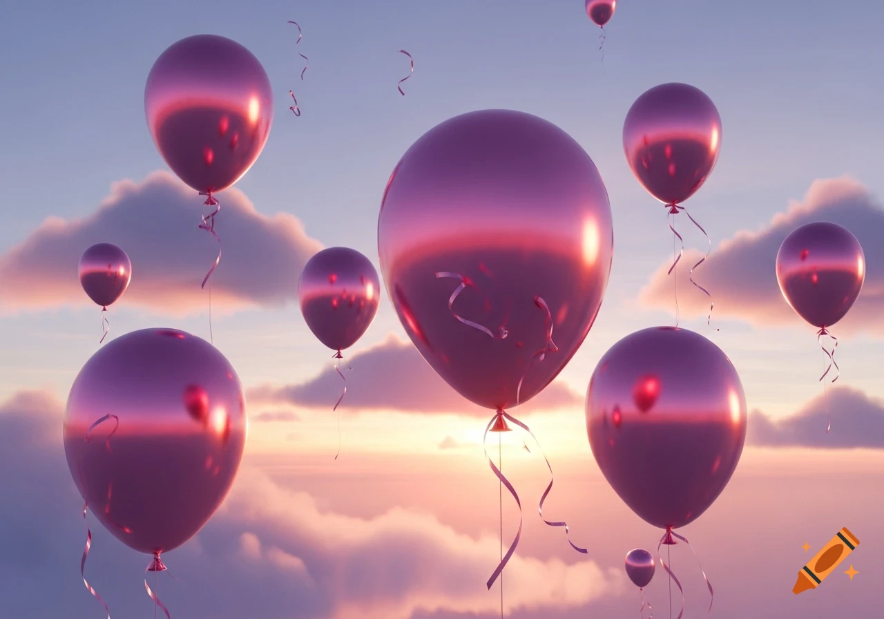 Shiny metallic pink balloons float high in a cloudy sky during sunset, with soft pink and purple hues.