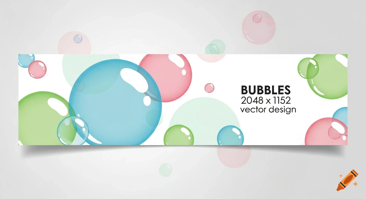 A banner with colorful, translucent bubbles on a white background, featuring text 'BUBBLES' and 'vector design'
