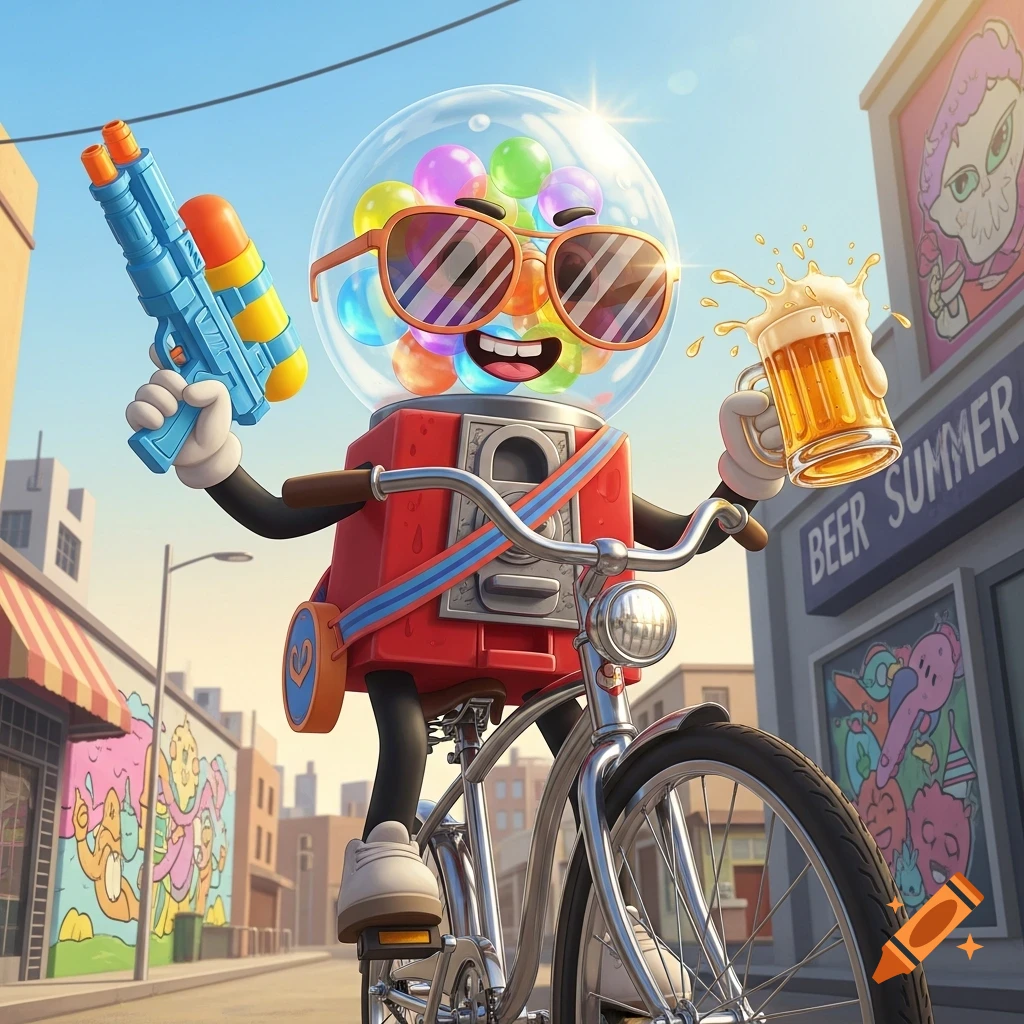 Cartoon gumball machine in sunglasses rides a bike, holding a water gun and a frothy beer mug on a sunny city street.
