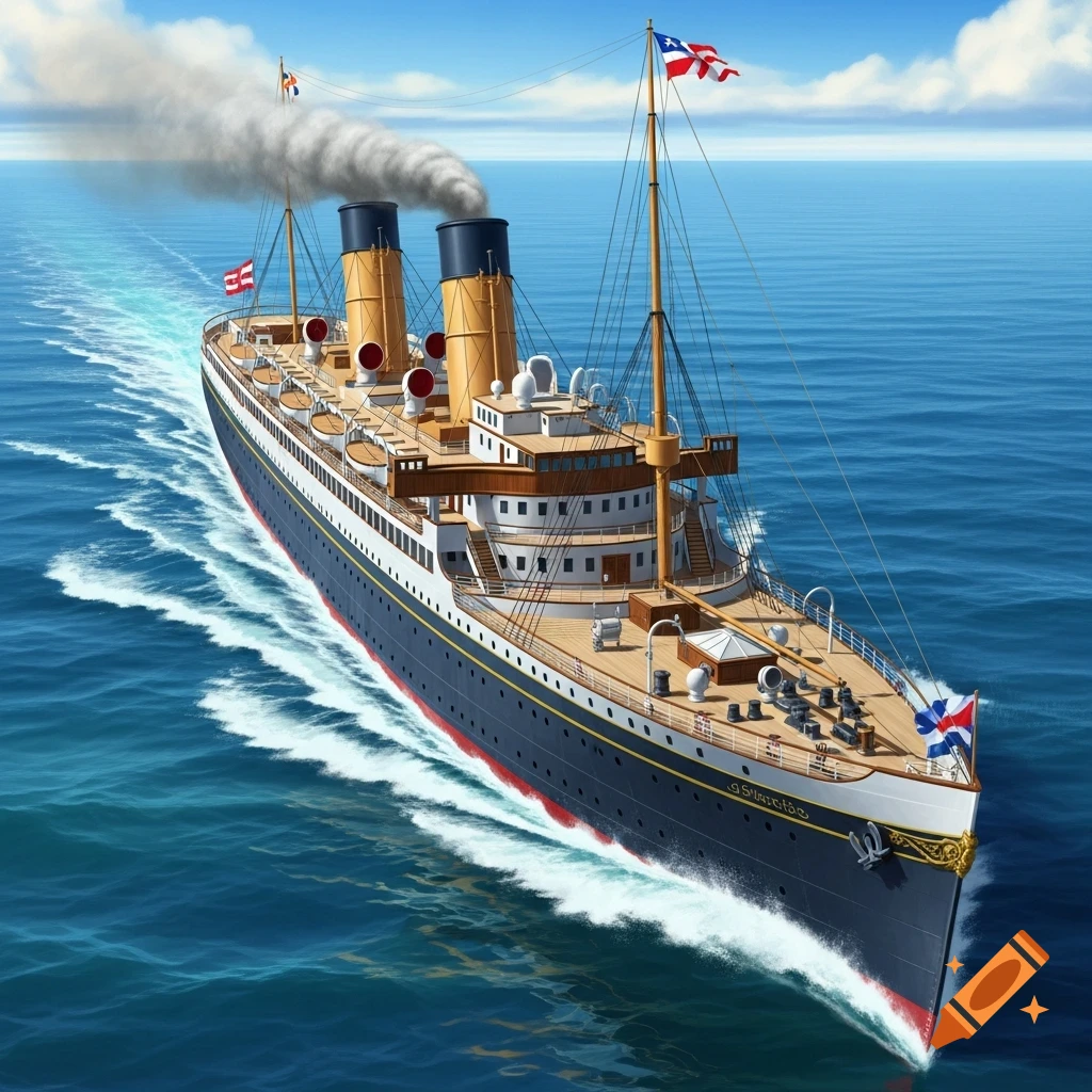 A detailed illustration of a vintage steamship with two funnels, emitting smoke, sailing on a blue ocean under a clear sky.