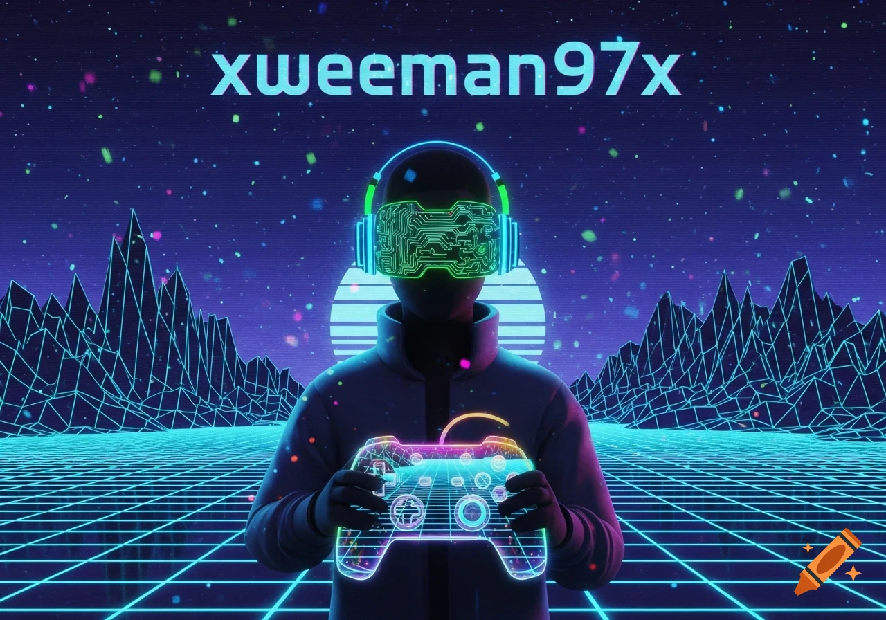 A faceless person in a VR headset holds a neon gamepad against a retrowave, cyberpunk landscape with text 'xweeman97x' above.