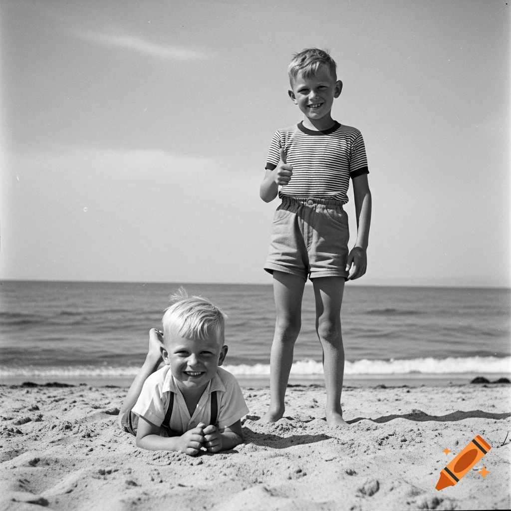 Two boys on a beach in a black and white photo; one lies smiling on the sand, the other stands giving a thumbs-up.