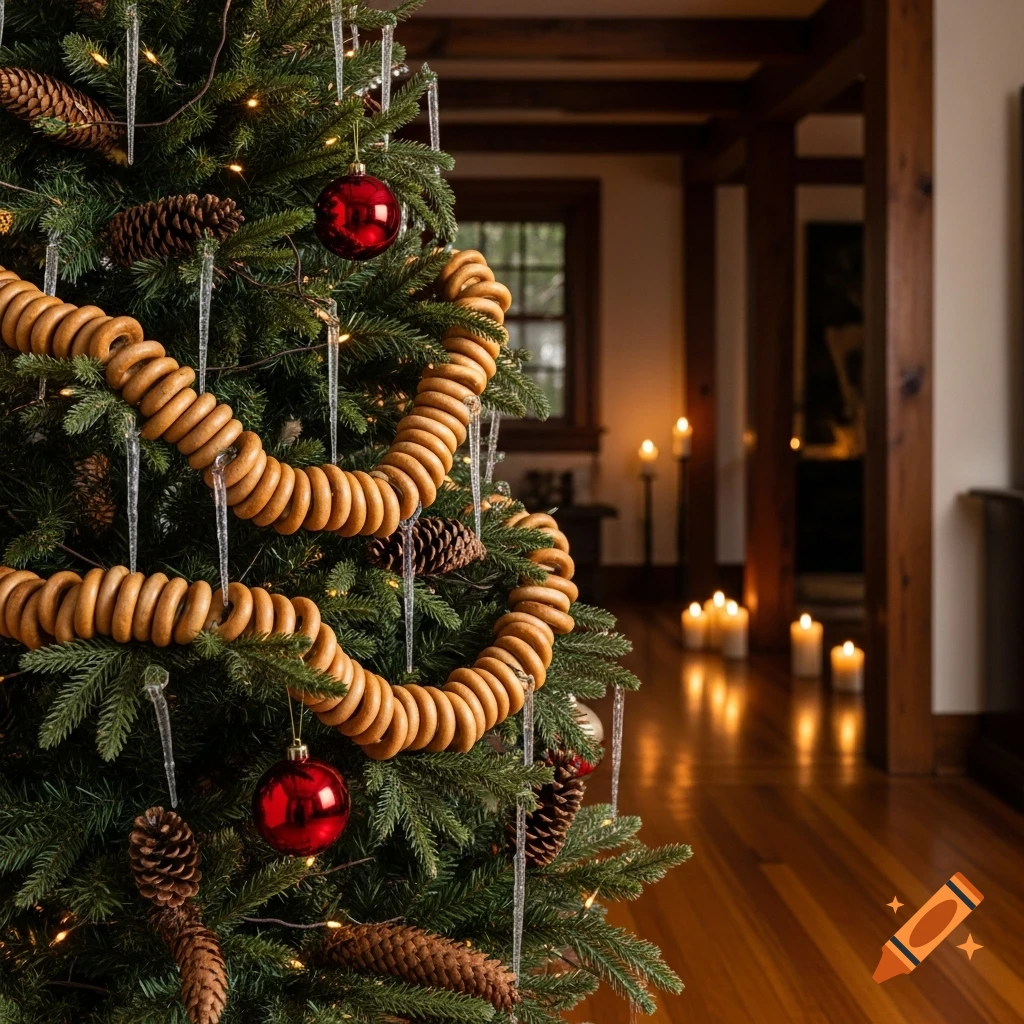 Close-up of a rustic Christmas tree adorned with a garland of bagel-like crackers, icicles, pinecones, and red ornaments, in a warm, candlelit home.