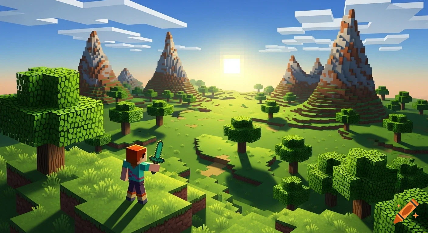 Minecraft Va A vibrant blocky Minecraft-style landscape featuring a character ...