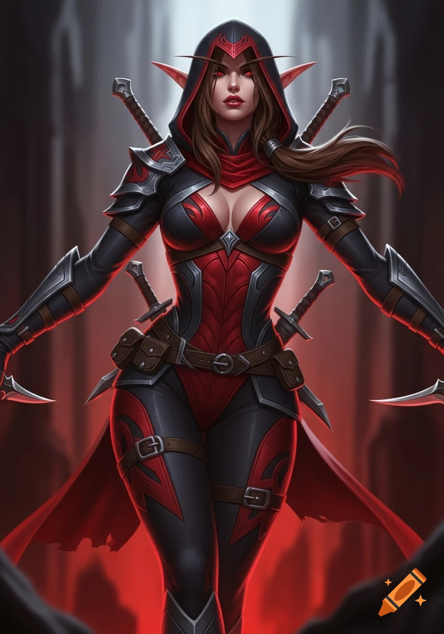 A fierce female elf assassin with red eyes and brown hair, wearing a hooded black and red armored outfit with daggers, in dramatic fantasy art.