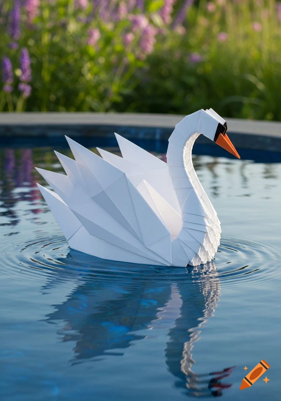 A white origami swan floats gracefully on blue water, reflecting its image, with blurred purple flowers and green foliage in the background.