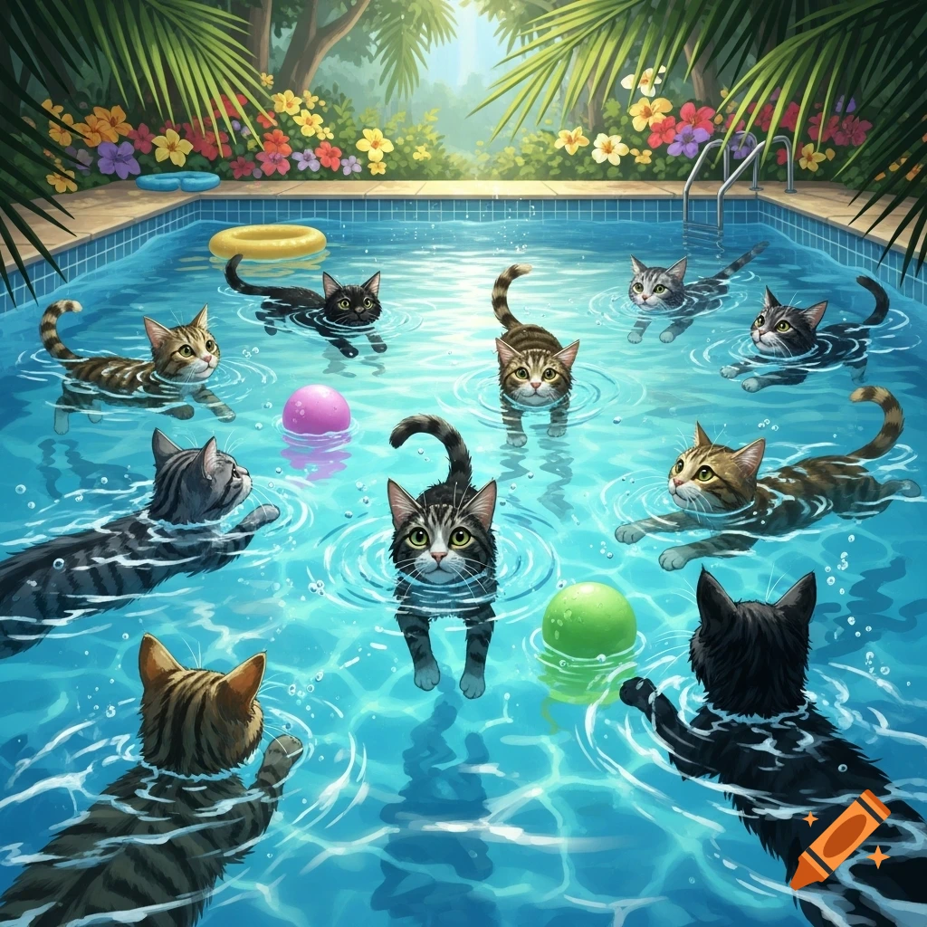 Ten cartoon cats swimming in a bright blue pool with tropical foliage and colorful flowers.