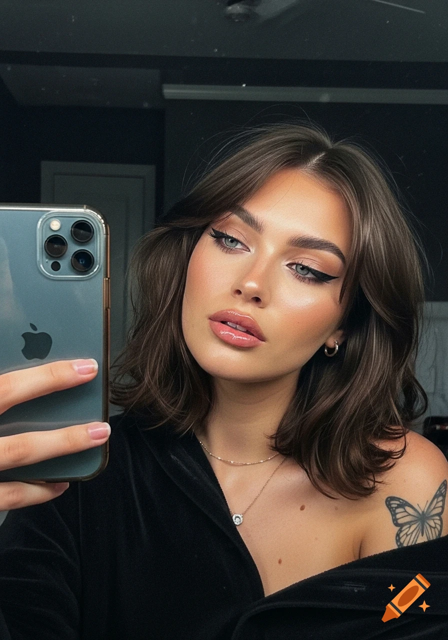 A woman with brunette hair and winged eyeliner takes a mirror selfie, showing off a butterfly tattoo on her shoulder.