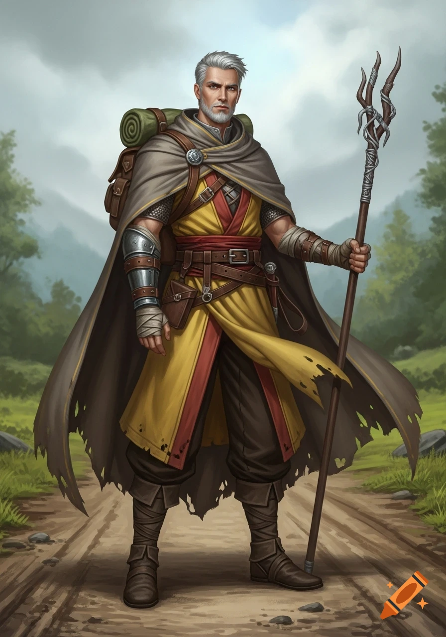 A grizzled man with silver hair and beard, dressed in yellow and brown robes, a tattered cloak, and a backpack, holds a capped staff on a dirt road.