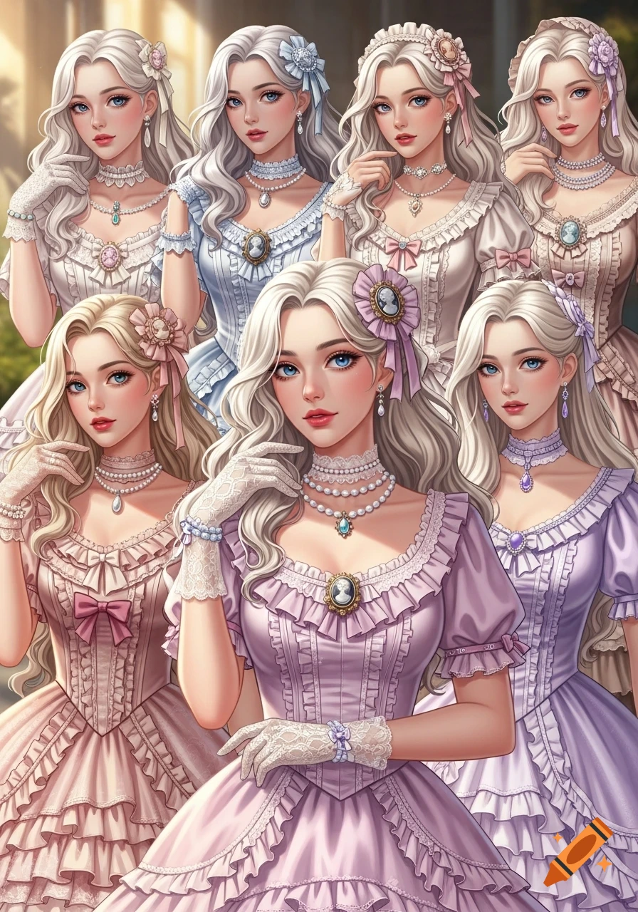 Several anime-style blonde women with blue eyes wearing elaborate pastel Victorian dresses with lace, ribbons, and cameo jewelry.