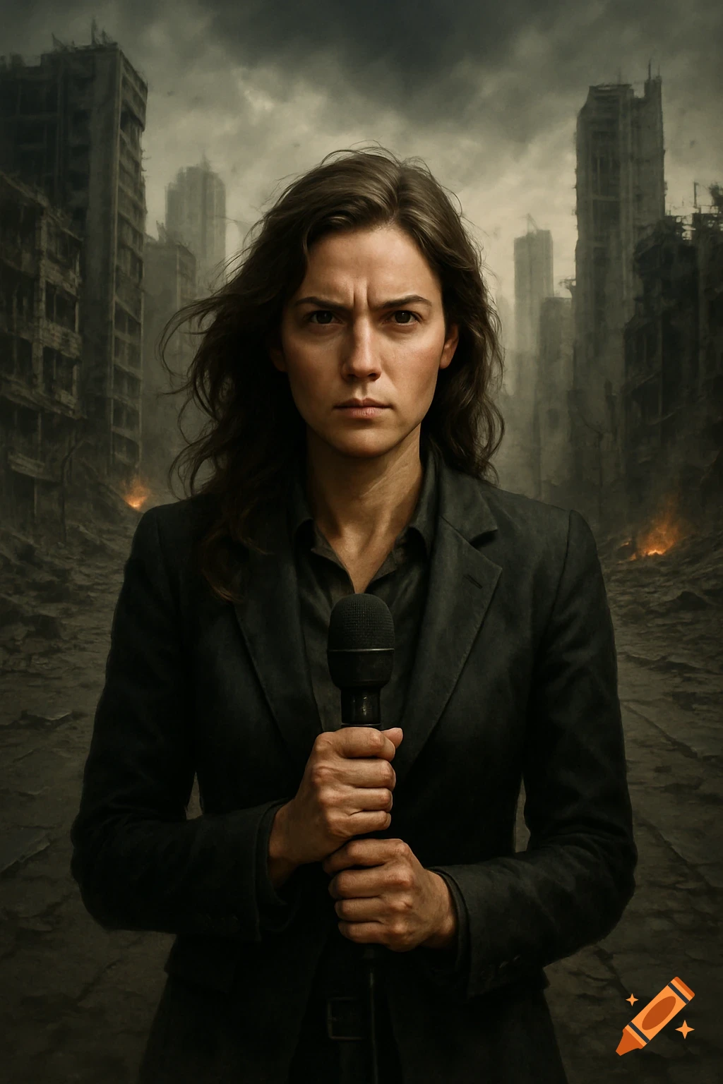 A stern female journalist holding a microphone in a ruined city under a dark, stormy sky. Photorealistic style.