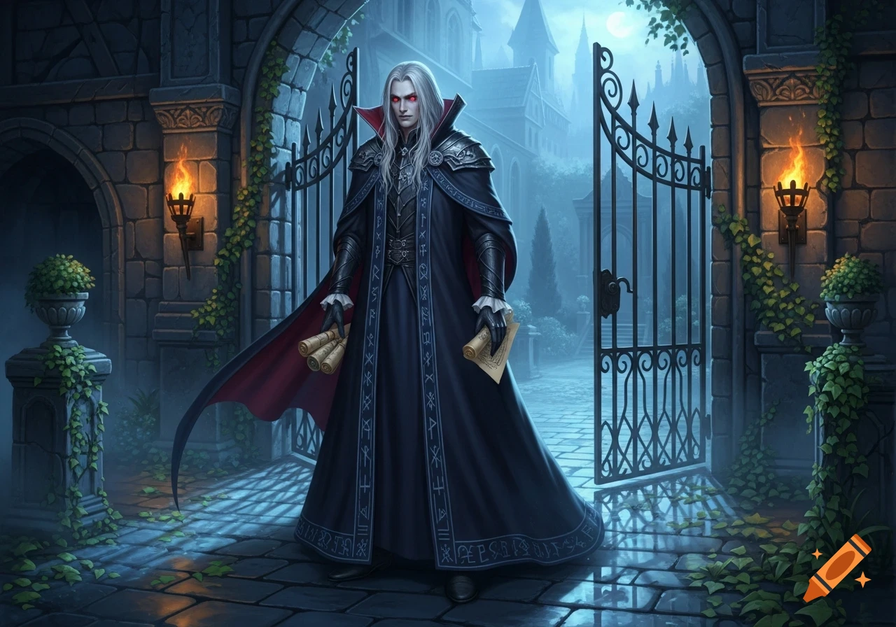A pale vampire with red eyes and long white hair in a dark robe stands with scrolls before an open ornate gate to a moonlit castle courtyard.