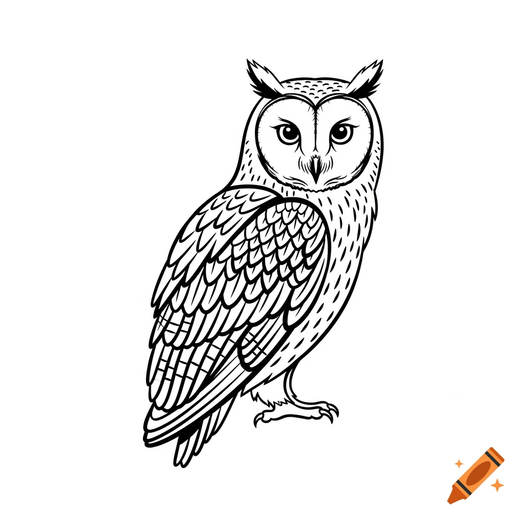 A black and white line drawing of an elegant owl facing forward.