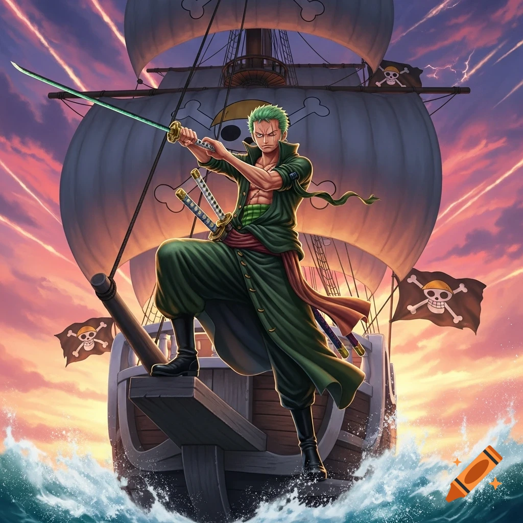 Anime illustration of Roronoa Zoro on a pirate ship's bow, sword drawn, with a stormy sunset behind him.