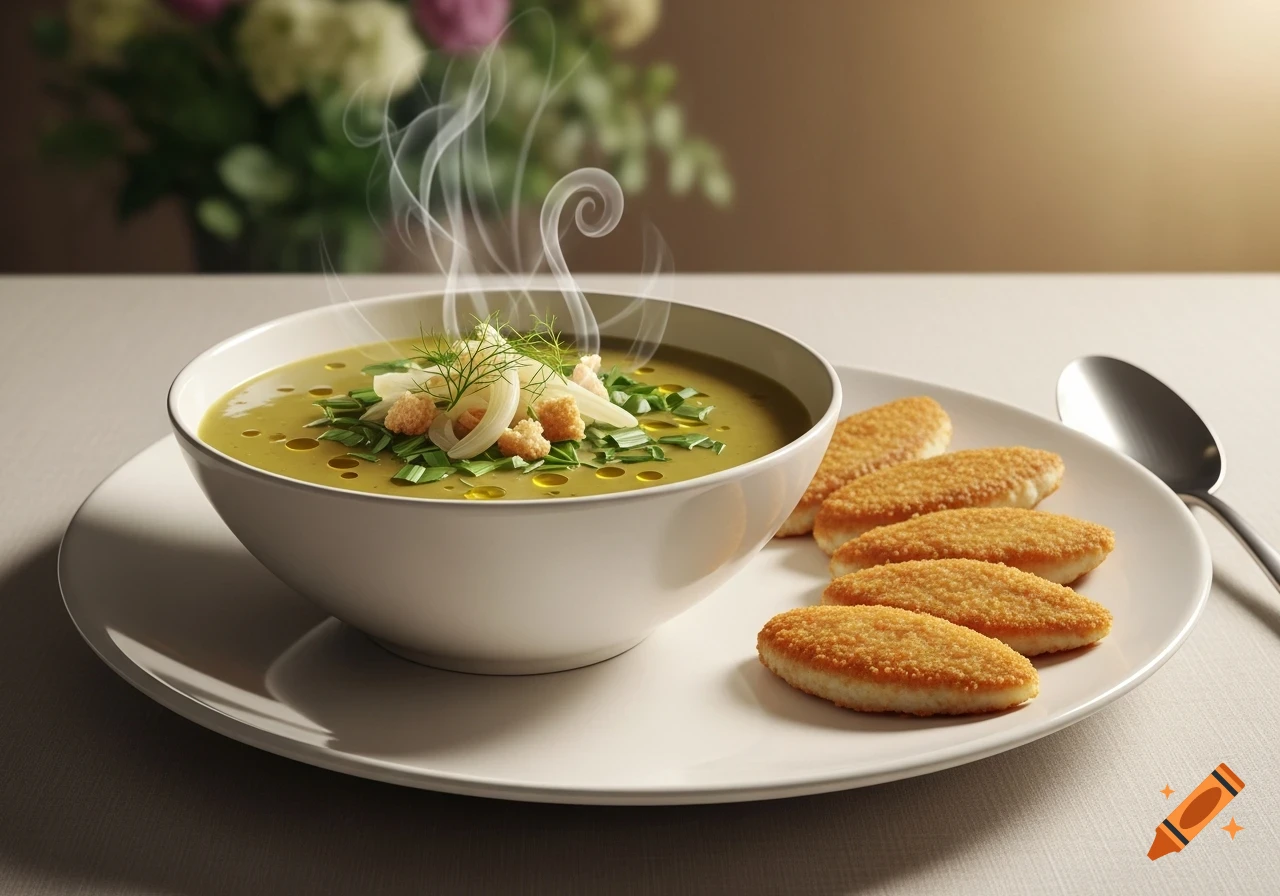 A steaming bowl of green soup topped with herbs, croutons, and onions, served with four breaded oval items on a white plate.