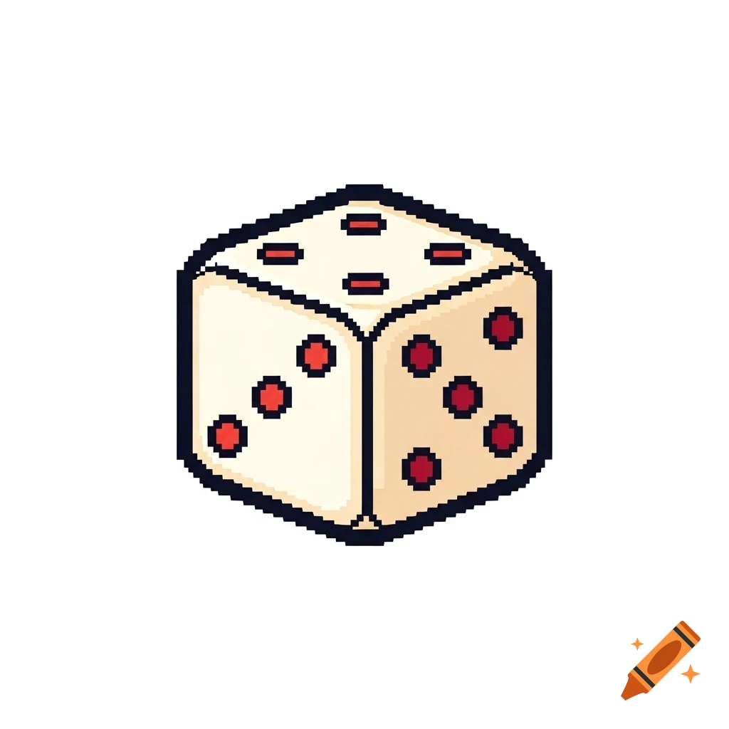 Pixel art isometric dice, white with red pips, on a white background in a clean game UI style.