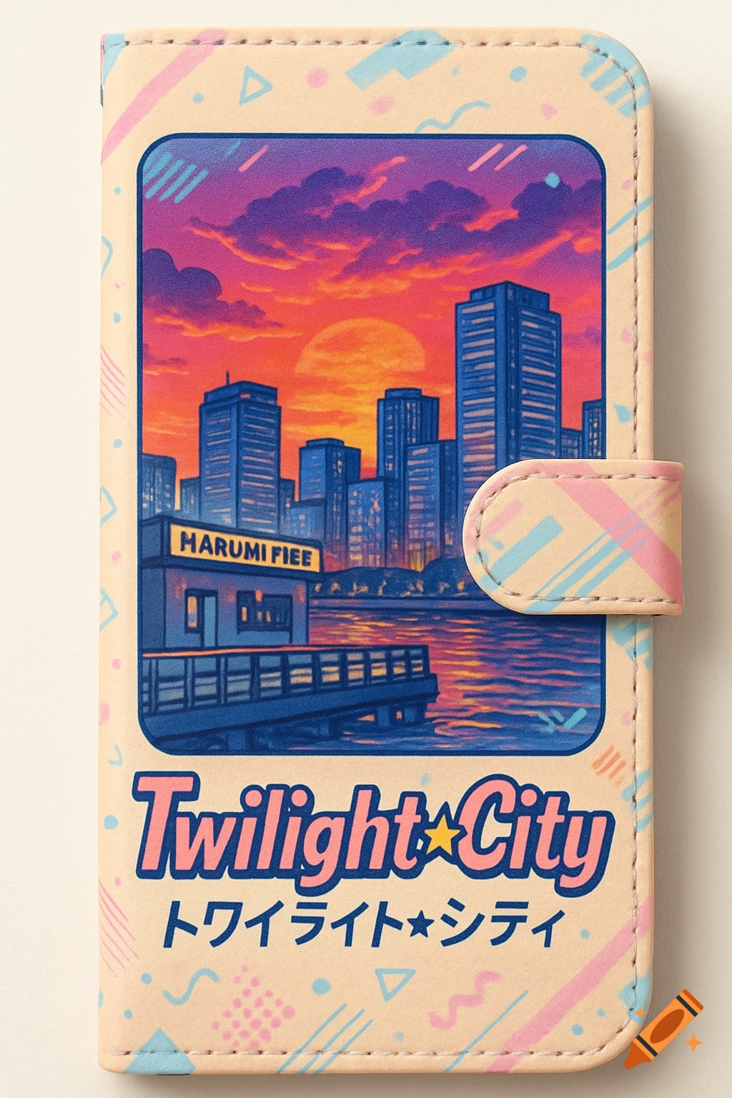 A phone case with an 80s vaporwave-style illustration of a city skyline at sunset. Skyscrapers stand behind a pier building labeled "HARUMI FIEE" over a shimmering river. Below, "Twilight City" in a pink, retro font, with Japanese katakana text beneath it.