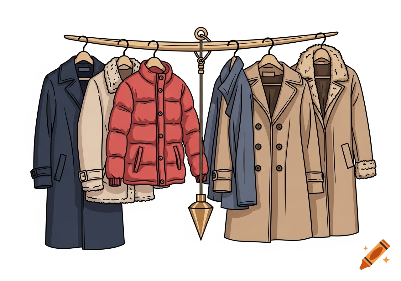 Clipart illustration of a red puffer jacket, trench coats, and other winter coats on a rack with a plumb bob.