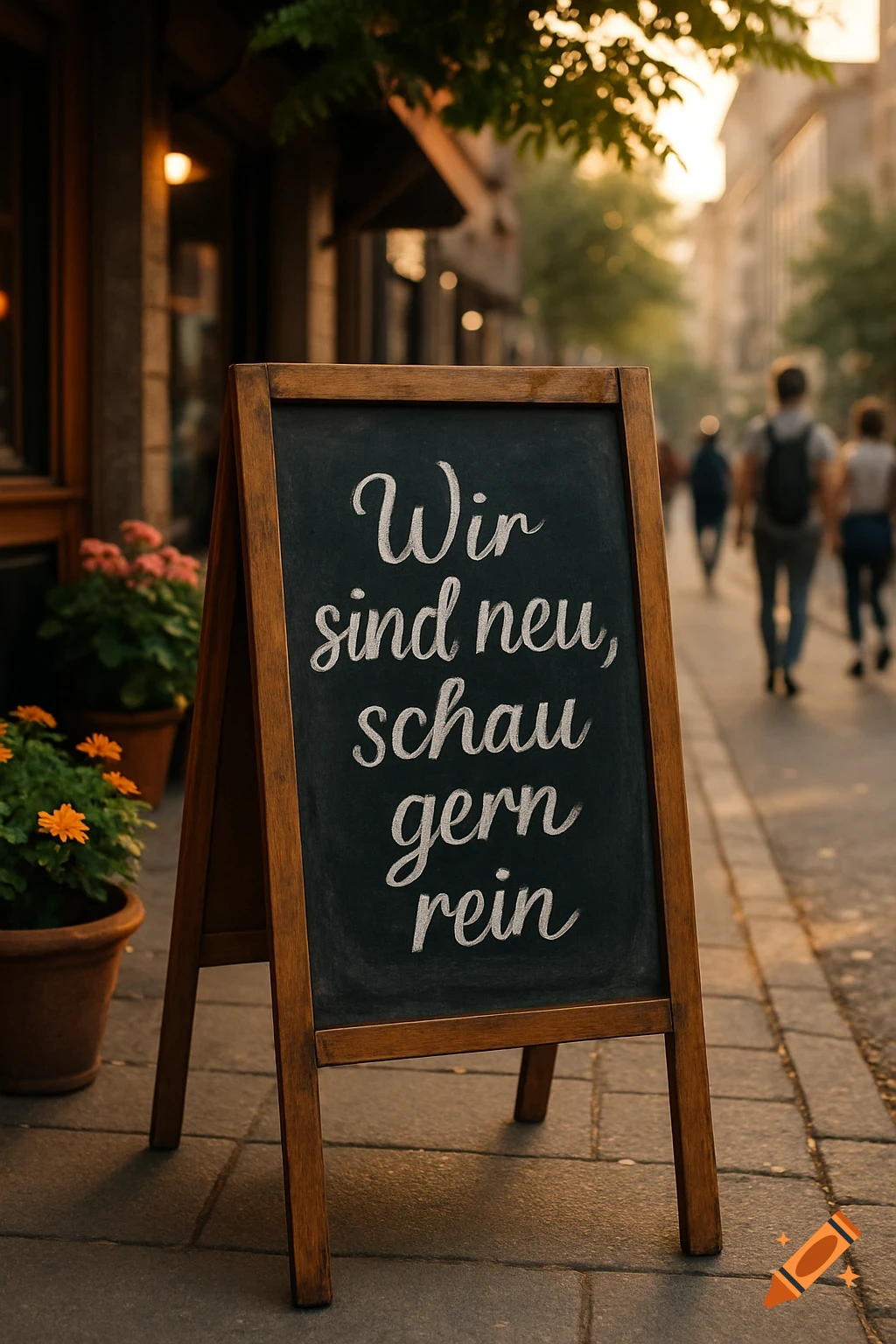 A wooden chalkboard a-frame sign on a cobblestone sidewalk reads "Wir sind neu, schau gern rein" at golden hour.