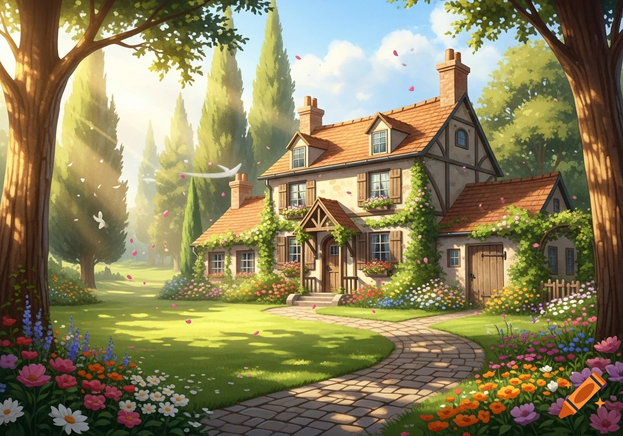A whimsical illustration of a charming cottage with a red roof, climbing vines, and colorful flowers in a lush garden on a sunny day.