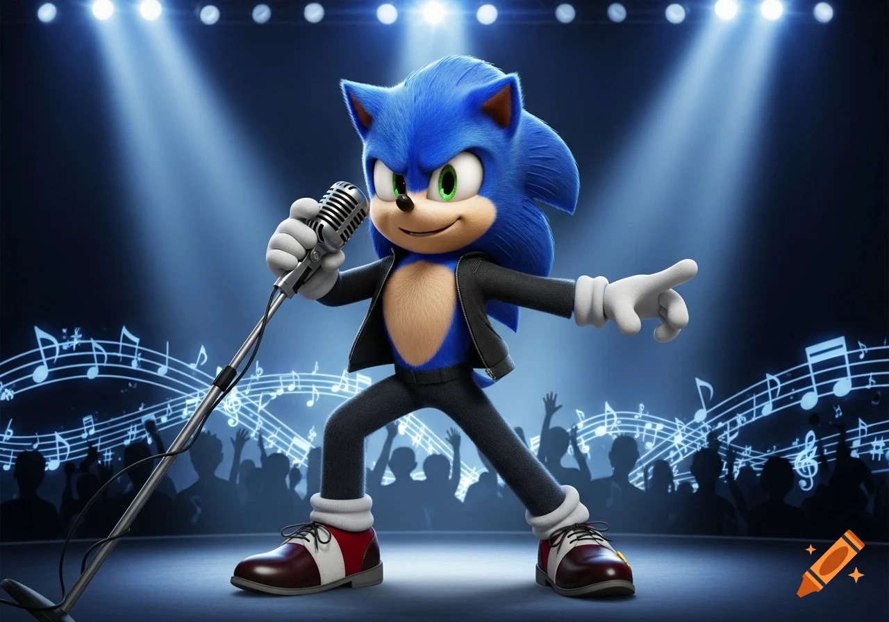 Sonic the Hedgehog singing into a microphone on a stage under spotlights, with musical notes and silhouetted audience members.