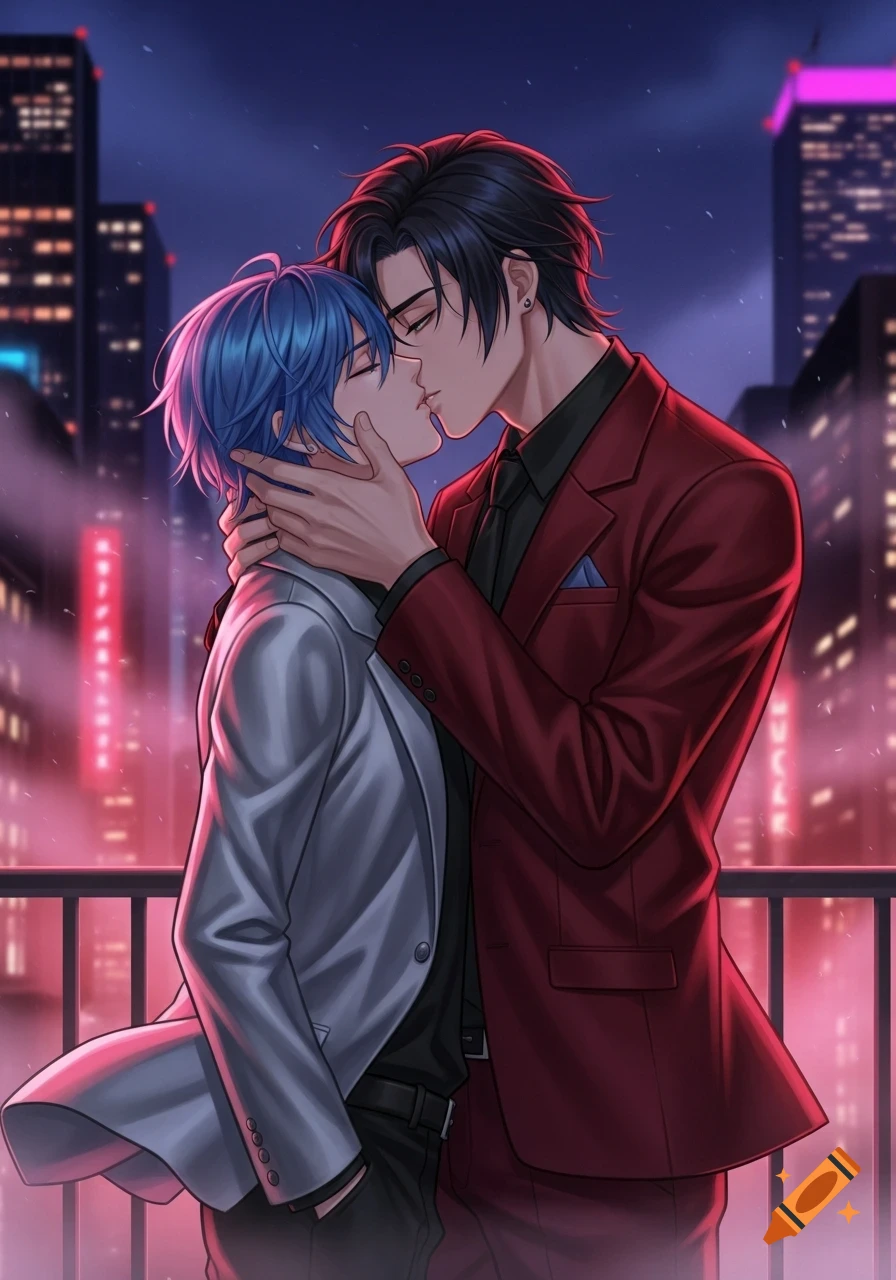 Anime illustration of two men kissing passionately on a city rooftop at night.