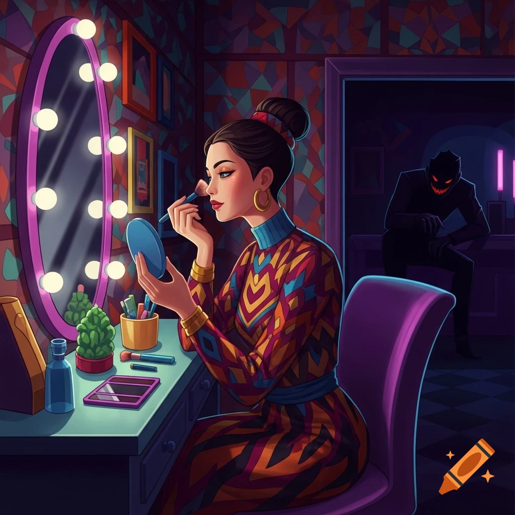 A woman applies makeup in a brightly lit vanity room, while a shadowy figure with glowing red eyes lurks in the dark doorway behind her, in a graphic art style.